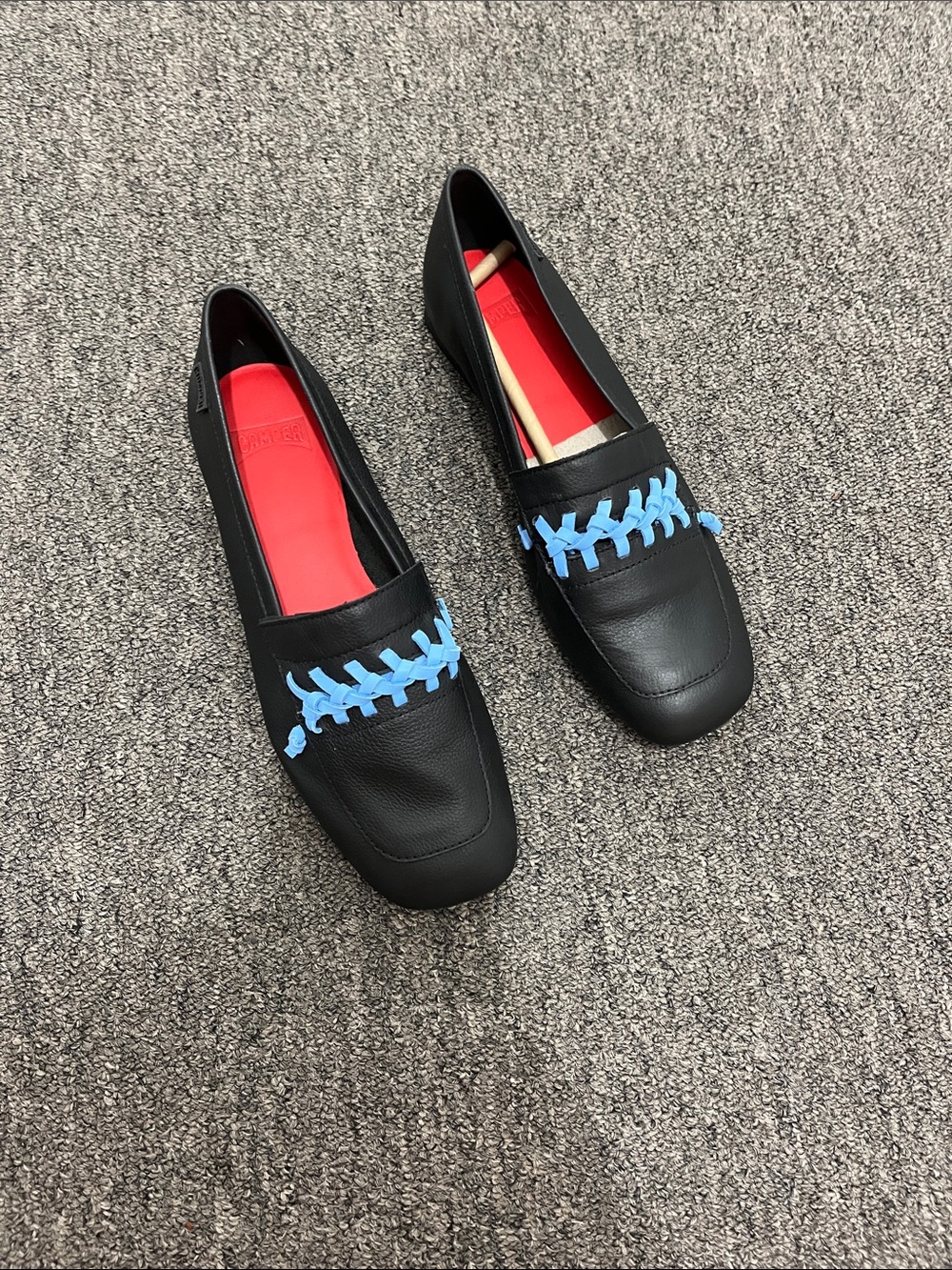 Camper Black Leather Loafers with Light Blue Braid